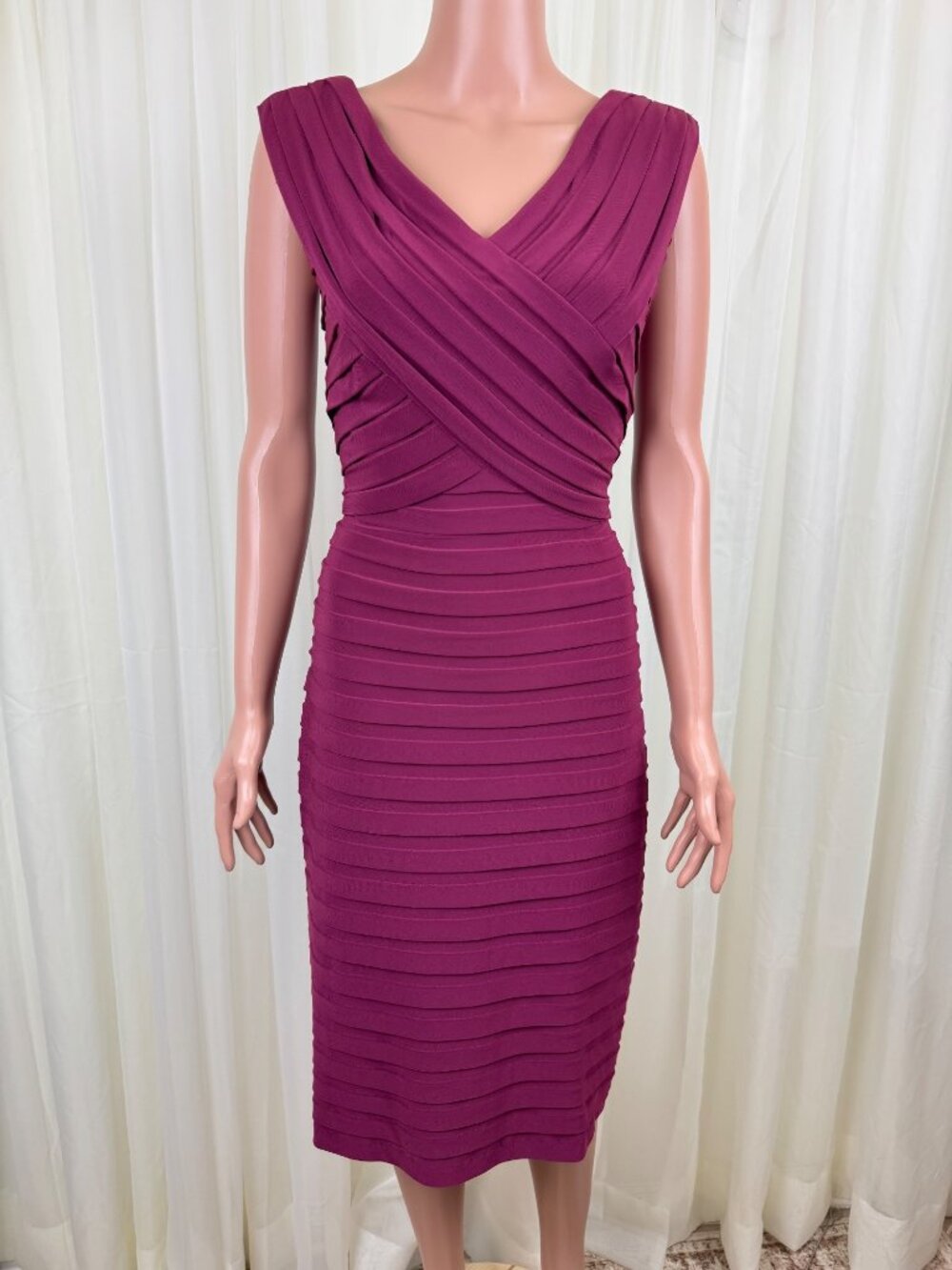 Wmns Adrianna Papell Banded Sleeveless Pleated Sheath Midi Dress Sz 10 Burgundy